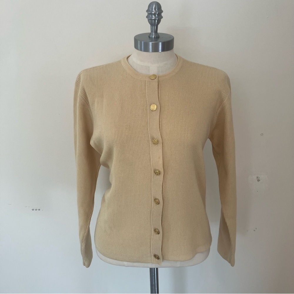 VTG Talbots Women’s L Wool Cardigan Butter Yellow Gold Buttons Ribbed  Preppy